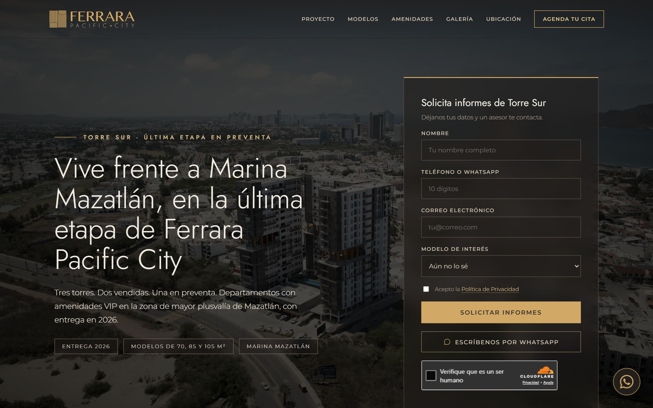 Primer viewport de www.ferrarapacific.com en escritorio: portada del desarrollo inmobiliario Torre Sur