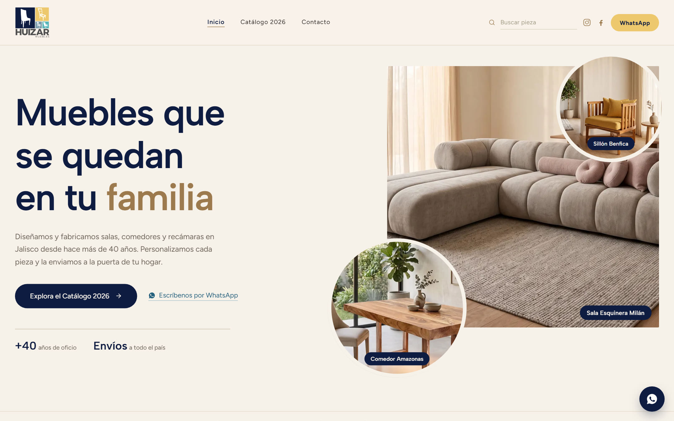 Primer viewport de www.muebleshuizar.com en escritorio: catálogo de muebles con navegación y pieza destacada